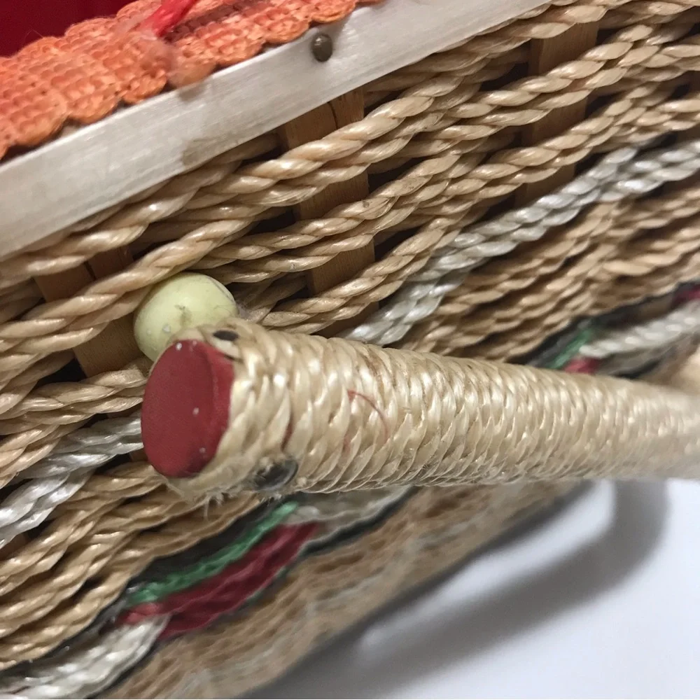 Vintage Birds & Floral Woven Wicker Sewing Basket